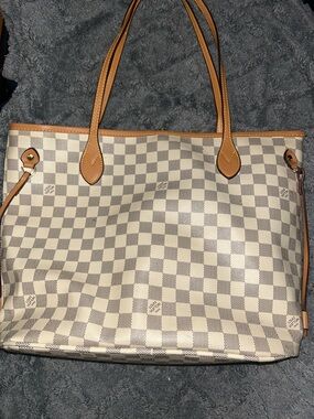 Cream Checkered Tote Bag with Tan Trim